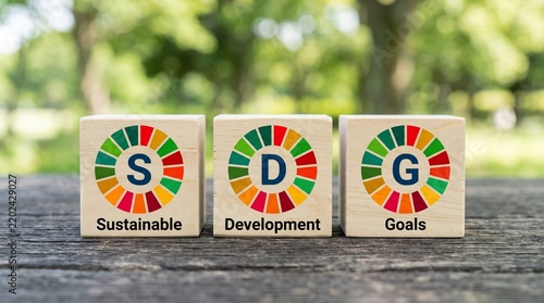 Sustainable Development Goals SDG concept on wooden blocks with colorful wheel logo over blurred green nature background