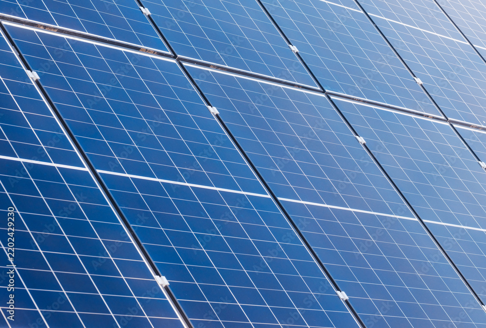 Obraz premium Renewable energy source featuring blue grid pattern of photovoltaic solar power panels close up