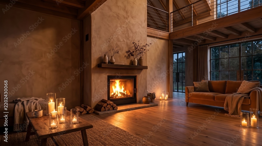 Obraz premium The image shows a cozy loft living room with a fireplace and numerous candles creating a warm ambiance. Concept is perfect for themes of comfort, relaxation, hygge, and interior design. Generative AI.