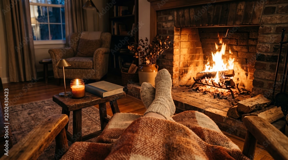 Fototapeta premium A warm living room with a roaring fireplace, armchair, and warm blanket. The concept is comfort, relaxation, and homey ambiance, ideal for advertising and editorial use. Generative AI.
