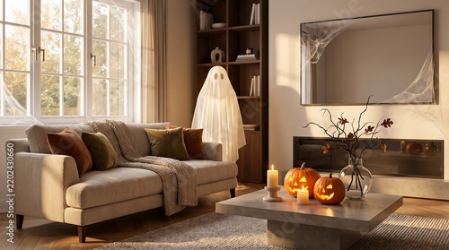 Cozy Modern Living Room with Friendly Ghost and Halloween Decor