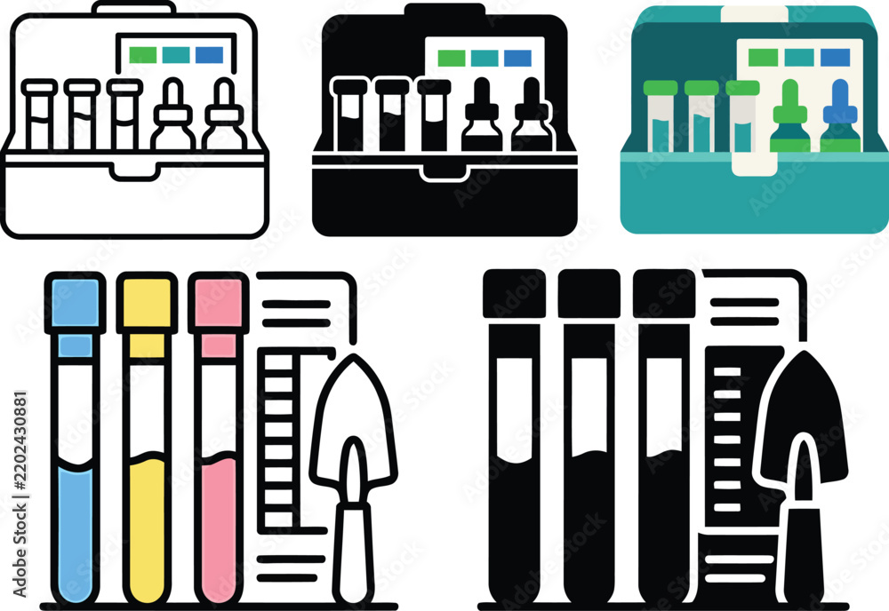 Obraz premium Soil testing kit vector illustration set. Line art, minimalist pictogram, and colorful flat style icons of agricultural dirt analysis tools and ph testing meters.