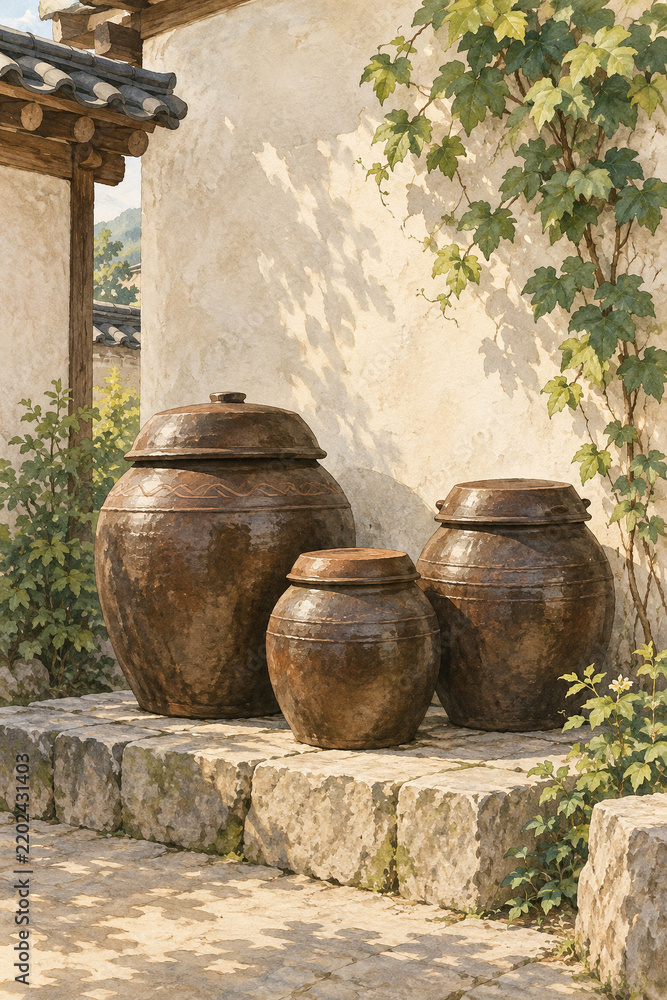 Fototapeta premium Handmade onggi jars in a sunlit Korean courtyard