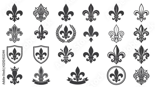 Textured fleur de lis emblem set with striped shield icons for royal branding, wine label design, and heritage crest use