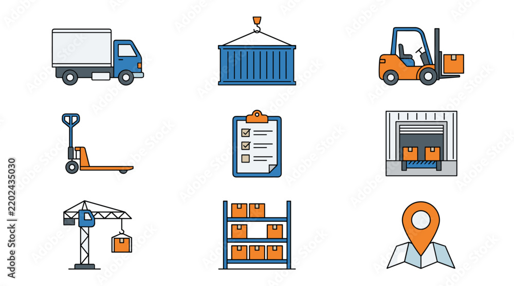 Obraz premium Set of flat design logistics and delivery icons including truck, forklift, crane, shipping container, and warehouse.
