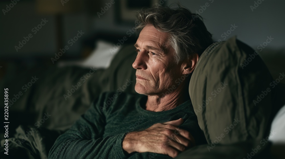 Fototapeta premium Thoughtful middle-aged man lying in bed at night looking away with a pensive and concerned expression.
