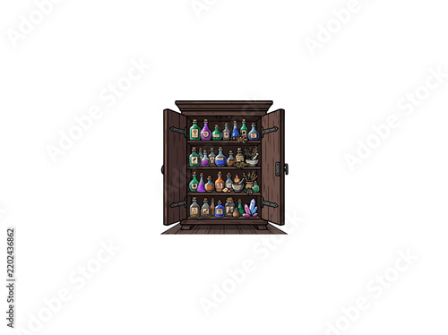 Magical Alchemist's Cabinet with Diverse Colorful Potion Bottles