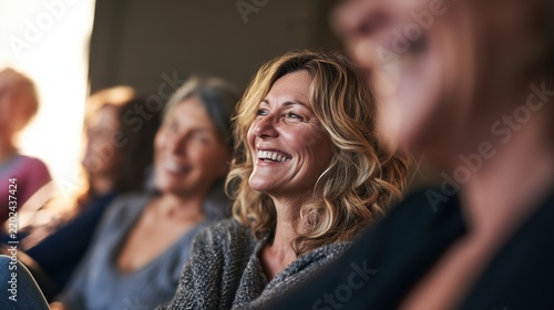 Group of joyful mature female friends laughing together outdoors in warm golden sunlight during a cheerful gathering