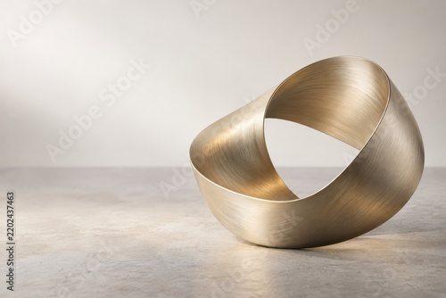 Minimalist brushed brass metallic loop sculpture on stone