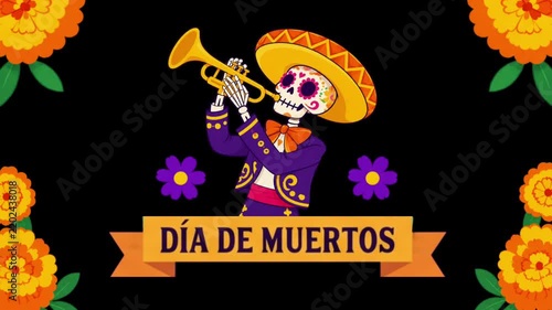Dia de los Muertos Day of the Dead Skeleton Musician Playing Trumpet with Sombrero and Marigold Flowers with black background