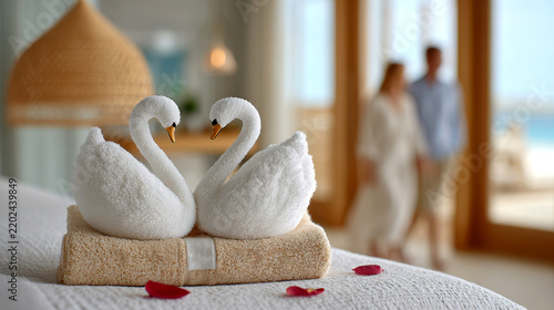 Pair of towel swans on hotel bed with beige towel and rose petals for romantic resort background and honeymoon room decoration