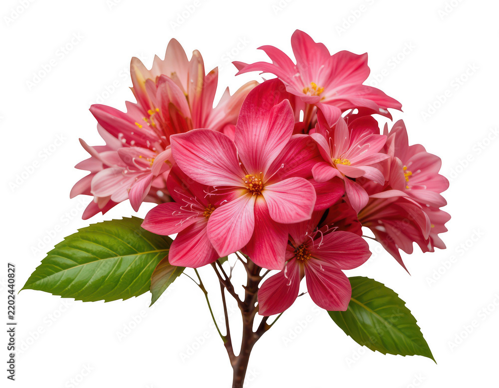 Obraz premium Pink Blossom Bouquet: A delicate bouquet of vibrant pink blossoms with pointed petals and lush green leaves, elegantly arranged and isolated against a clean background.