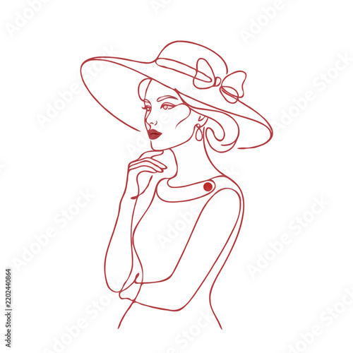 Elegant Woman Wearing Wide Brimmed Hat Red Line Art Illustration