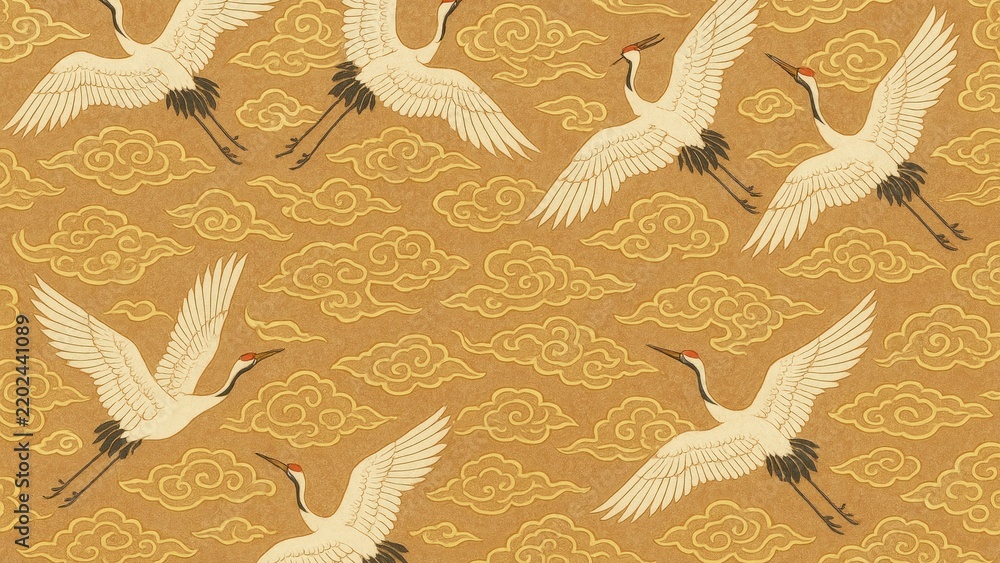 Obraz premium Elegant cranes amidst golden clouds desktop wallpaper
