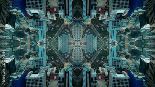 mirrored fractal cityscape skyline with symmetrical skyscraper geometry, abstract urban city architecture pattern with futuristic kaleidoscope reflection effect, technology background 4k