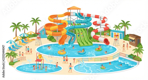 Water park vector with colorful slides and swimming pools