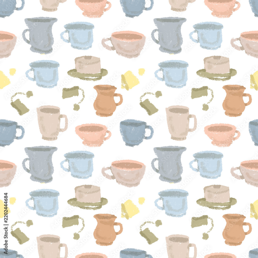 Fototapeta premium Cozy hand drawn teacups set in cute pastel crayon style. Pastel chalk mug collection illustration, warm autumn coffee cups isolated clipart