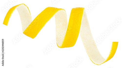 Fresh peel of ripe lemon fruit isolated on a white background. Organic lemon zest.