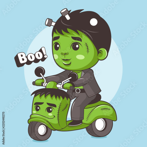 Cute Halloween Boy in a Monster Costume Riding a Motorcycle, Fun Kids Clip Art and Hand Drawn Line Art for Party Decorations, Printing, Crafts, Cards and Creative Designs