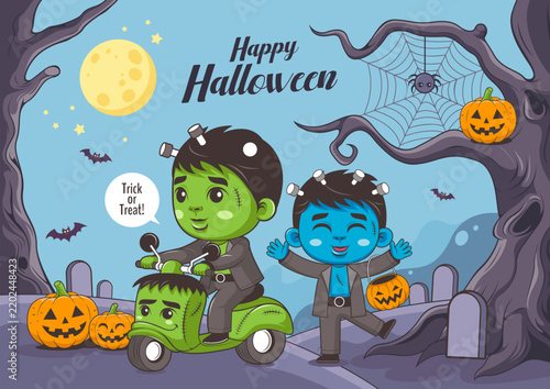 Cute Halloween Boy in Monster Costume Riding a Motorcycle, Hand Drawn Clip Art and Line Art with Halloween Background for Party Decorations, Prints, Crafts, Cards and Creative Designs
