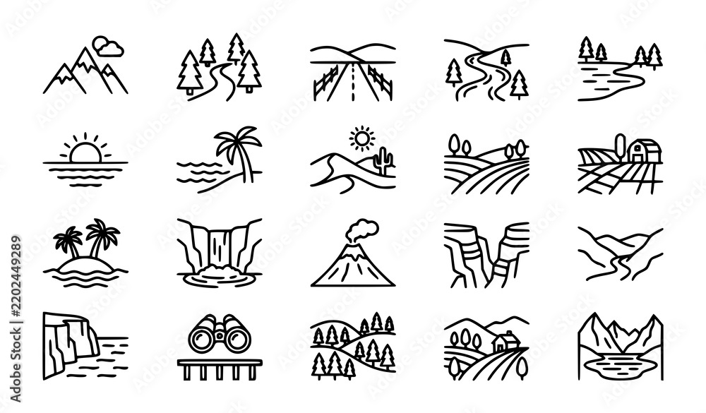 Fototapeta premium Nature Travel Mountain Forest Beach River and Countryside UI Icons