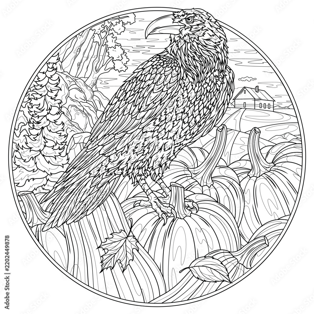 Obraz premium Raven and pumpkins in round frame. Autumn.Coloring book antistress for children and adults.