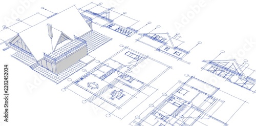 3D illustration of a house plan with an attic