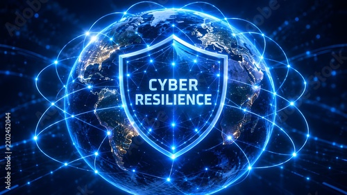 Cyber resilience concept depicting glowing protection shield defending global digital infrastructure and network nodes