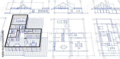 3D illustration of a house plan with an attic