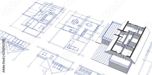 3D illustration of a house plan with an attic