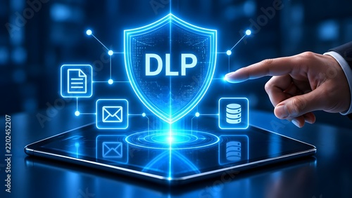 Interactive tablet displaying data loss prevention shield interface connecting secure document and email database icons