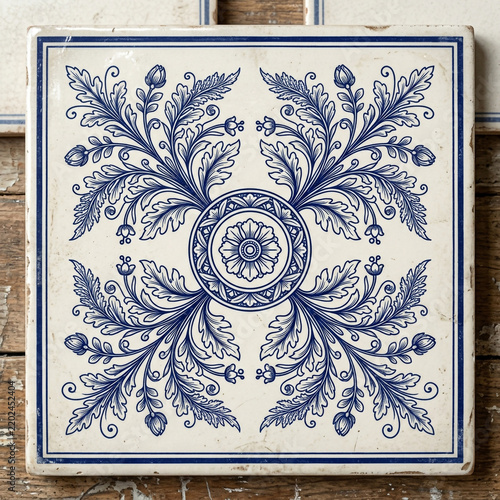 Vintage ceramic tile featuring intricate blue floral and botanical patterns on a white background