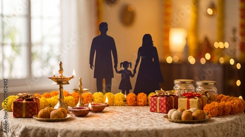 Diwali Family silhouette cutout with oil lamps and festive decorations on a table for celebration