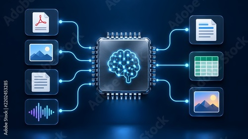 Tapety artystyczne Artificial intelligence microchip centralizing and processing multimodal digital file formats including audio text and images