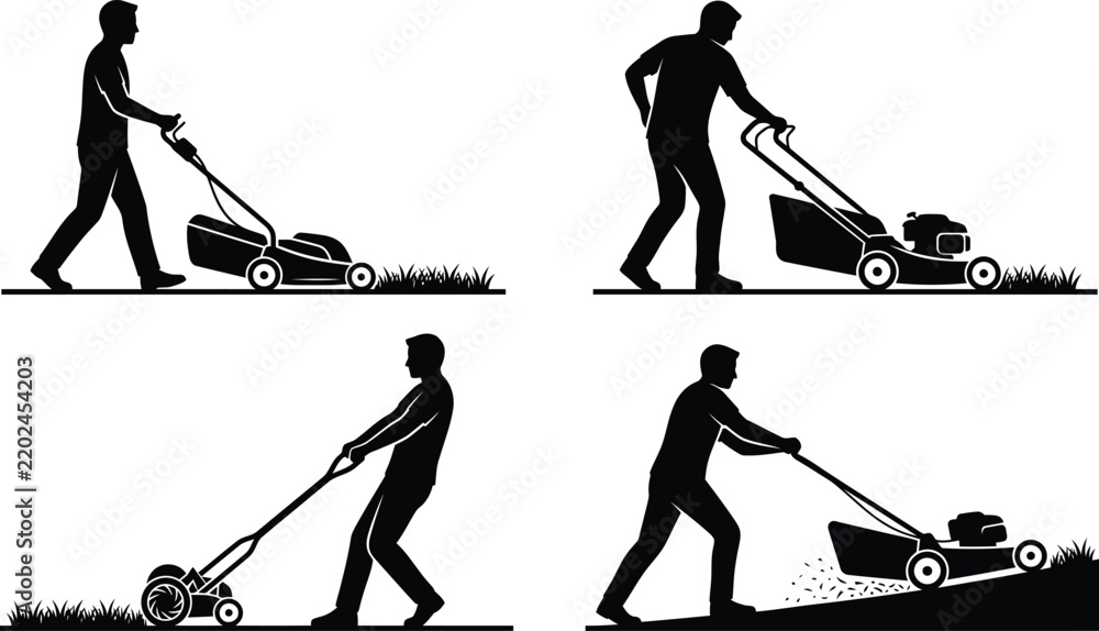 Fototapeta premium Lawn Mowing Worker Silhouette Collection with Push Mower Gardening Illustrations