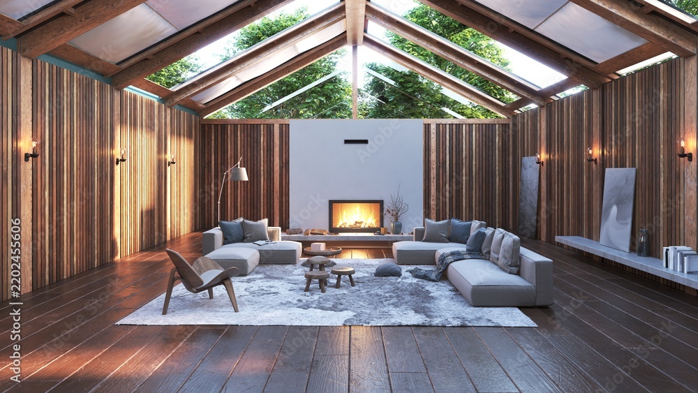 Fototapeta premium 3D render of a modern rustic living room with a glass roof, wooden walls, a central fireplace, and a grey modular sofa.