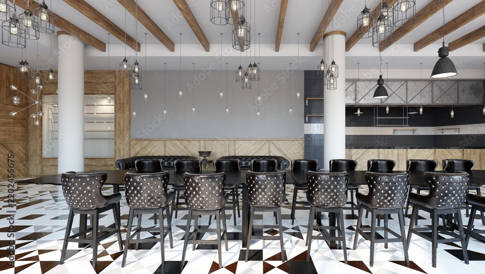 Obraz premium 3D render of an industrial style restaurant interior featuring a long table, studded leather chairs, and patterned floor.