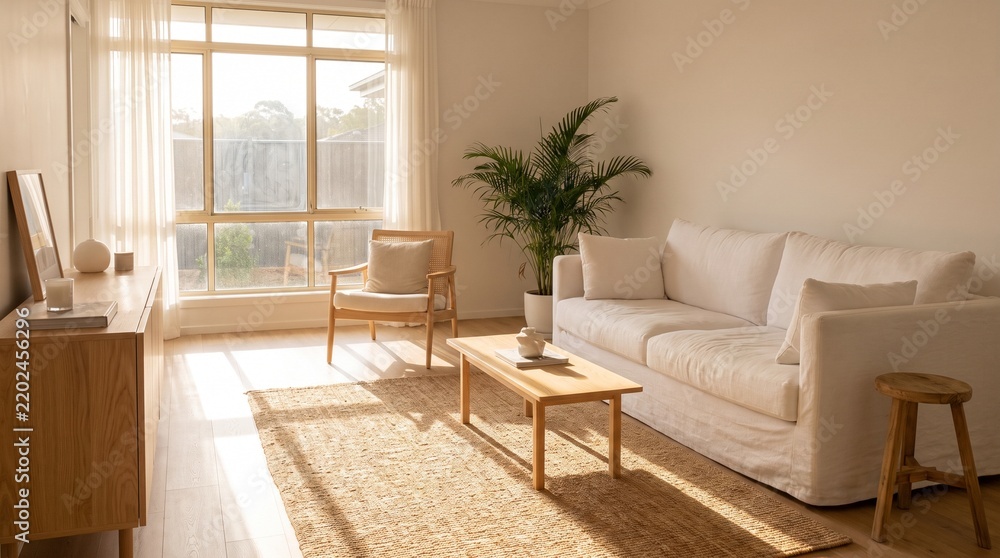 Fototapeta premium Modern living room interior with a comfortable couch armchair wooden coffee table and house plant in sunny home