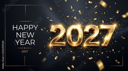 Golden 2027 numbers with falling confetti on a dark luxury background