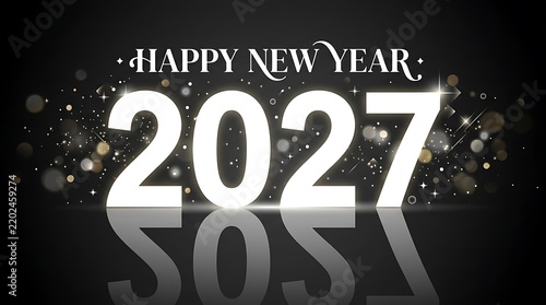 Happy New Year 2027 text with glowing light effects on a black background