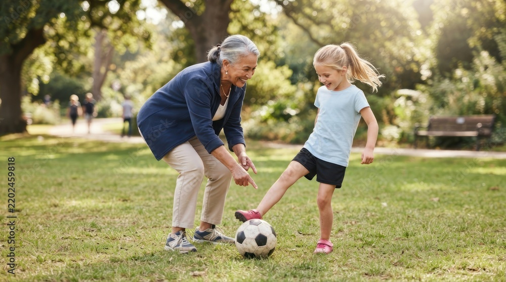 Obraz premium grandmother and granddaughter playing soccer in the park