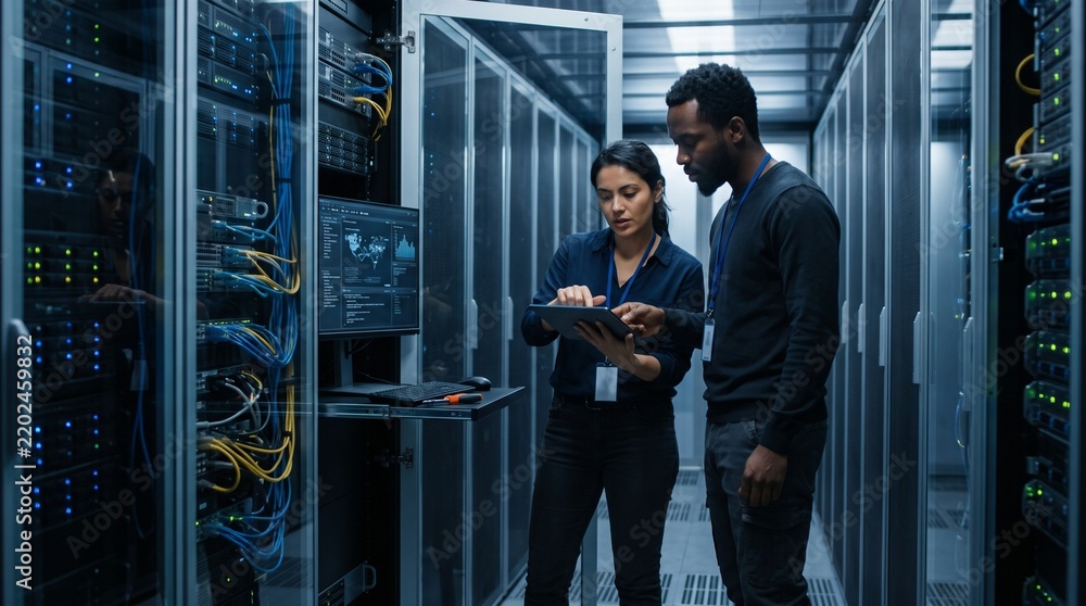 Fototapeta premium IT Professionals Analyzing Data on Tablet and Screen in Modern Server Room