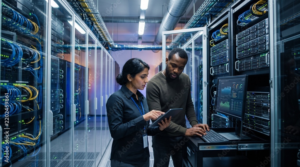 Fototapeta premium IT Professionals Analyzing Data on Tablet and Screen in Modern Server Room
