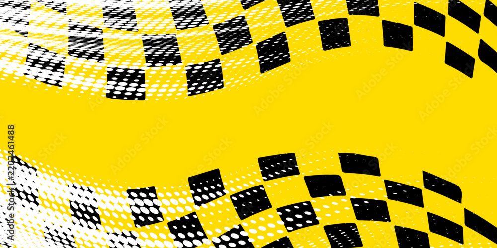 Obraz premium Abstract Yellow and Black Waving Checkered Flag Background with Halftone Dot Effect. Dynamic Speed Racing Vector Template with Copy Space for Sports Banners, Automotive Events, and Rally Posters.