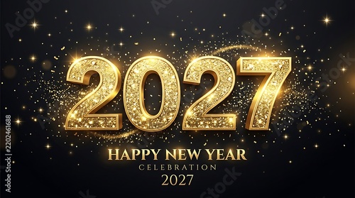 Gold 2027 numbers with sparkling glitter confetti on a black background