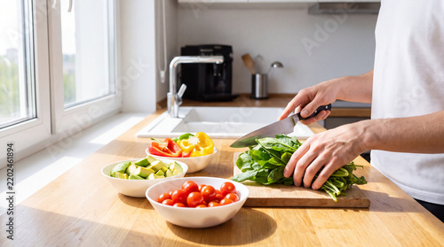 Person Chopping Fresh Spinach with Knife on Wooden Board preparing Healthy Salad 