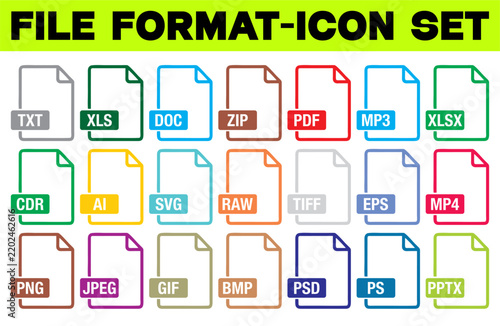 File Format Icons Set – File Symbols Collection, Document Format Types, Stock Vector Illustration