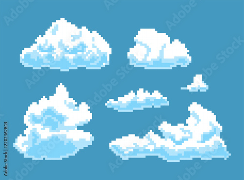 Cartoon Color Pixelated 8 Bit Blue Sky and Clouds Design for Web and App. Vector illustration Pixel Art