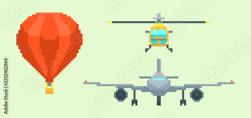 Cartoon Color Pixelated 8 Bit Different Types Aircraft Transport Set t Hot Air Balloon and Plane. Vector illustration of Transportation Concept Pixel Art