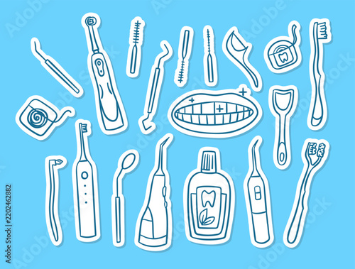 Oral Hygiene Care Tools Silhouette Sticker Set Hand Drawn Doodle Style on a Blue. Vector illustration of Instruments